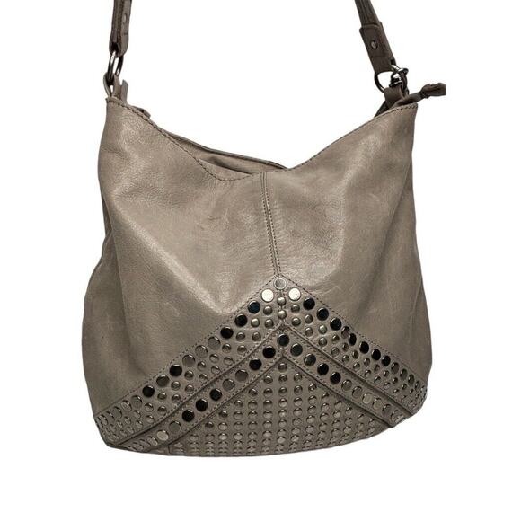 The SAK Indio Grey leather Studded Hobo Shoulder Bag with Fringe Tassel - Picture 1 of 16